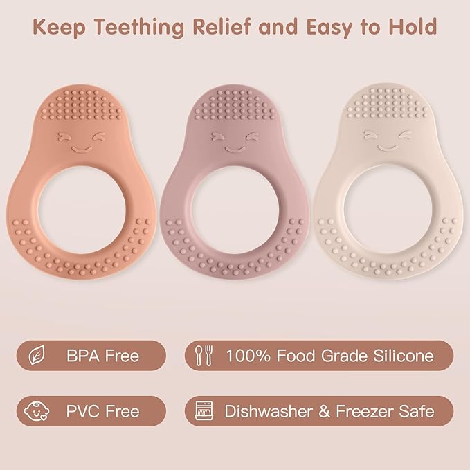3 Pack Baby Teething Toys, Food Grade Silicone Teethers for Babies 3-6 6-12 Months, Avocado Shape Baby Teether with Easy to Hold, Teething Relief for Babies, BPA Free