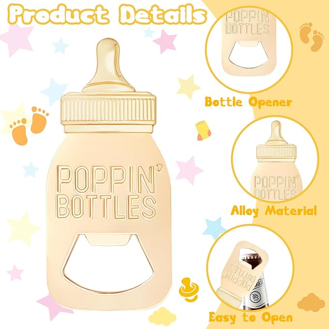 24PCS Golden Baby Bottle Openers for Baby Shower Favors Gifts, Baby Shower Decorations Souvenirs, Poppin Bottles Openers with Exquisite Gifts Box used for Guests Gender Reveal Party (24, white)