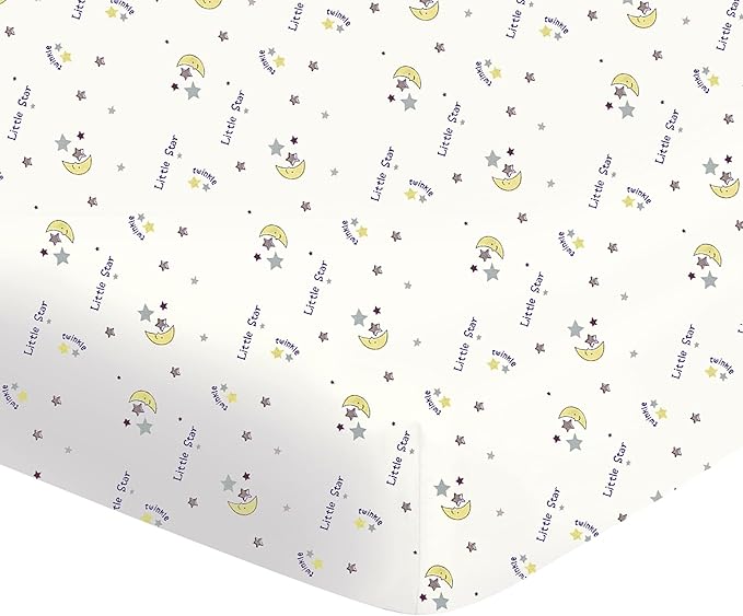 Fitted Crib Sheet 100% Woven Cotton Fits Toddler Mattress, 28 x 52 x8in, Twinkle Little Star