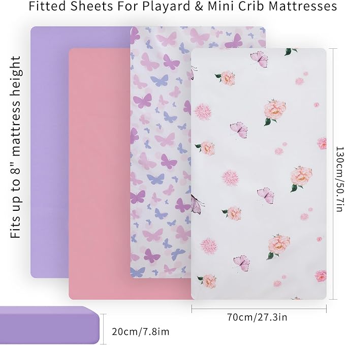 Crib Sheet for Boys and Girls, Super Soft Microfibre Crib Sheet Set, Breathable Cot Sheet, for Cot and Toddler Mattress, 130x70x20cm, Butterfly and Flower and Pink and Purple,4pcs