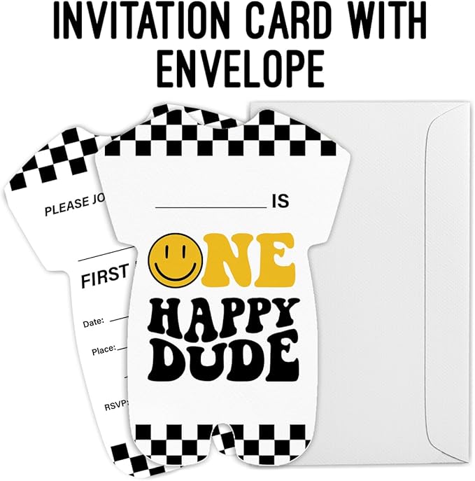 LyoGao One Happy Dude Birthday Invitations for Boy Smily Face First Birthday Party Fill in Invites Cards With Envelopes (20 Pack)