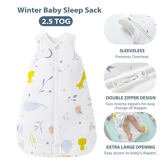 Mosebears Sleep Sack Baby Winter Wearable Blanket with 2-Way Zipper,2.5 TOG Cotton Sleep Sack Unisex (2 Pack, 12-18 Months)