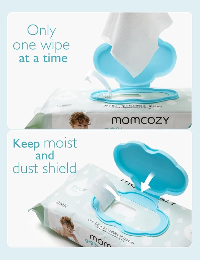 Momcozy Baby Wipes-Extra Large Size Design, 99% Water Based, Unscented & Hypoallergenic, Cleansing & Moisturizing Baby Wipes for Sensitive Skin, 8 Flip-Top Packs (480 Wipes Total)