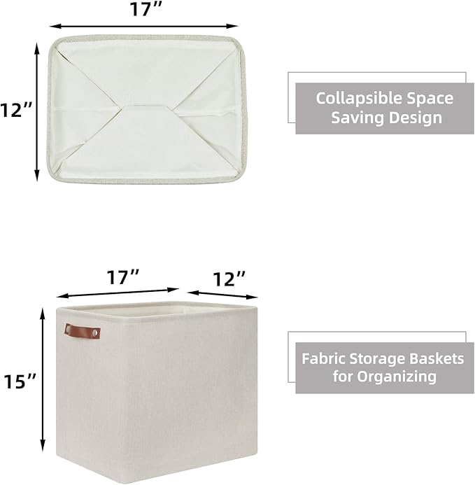 HNZIGE Collapsible Canvas Linen Storage Basket, Set of 2, Large Fabric Cloth Baskets, Rectangular Shelf Baskets with Leather Handles, Organizing Storage Baskets for Storage Closet, Home, Office(Gream)