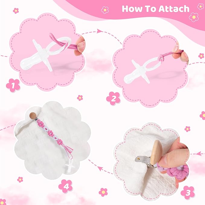 Pacifier Clip for Boys Girls Floral Daisy Macrame Baby Paci Clip Pacifier Holder Leash Boho Wooden Clips Handmade Braided Cotton Binky Clips (1pack:Pink Daisy A)