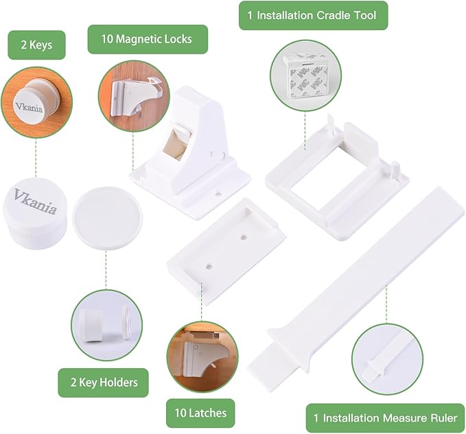 10 Pack Magnetic Cabinet Locks Baby Proofing - Vkania Baby Safety Latches for Drawers and Cabinets -Easy Installation No Drilling