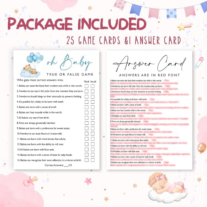 Oh Baby True or False Baby Shower Games, 25 Double-Sided Blue Bear Games for Boys with Answer Card, Interactive Party Supplies - B08