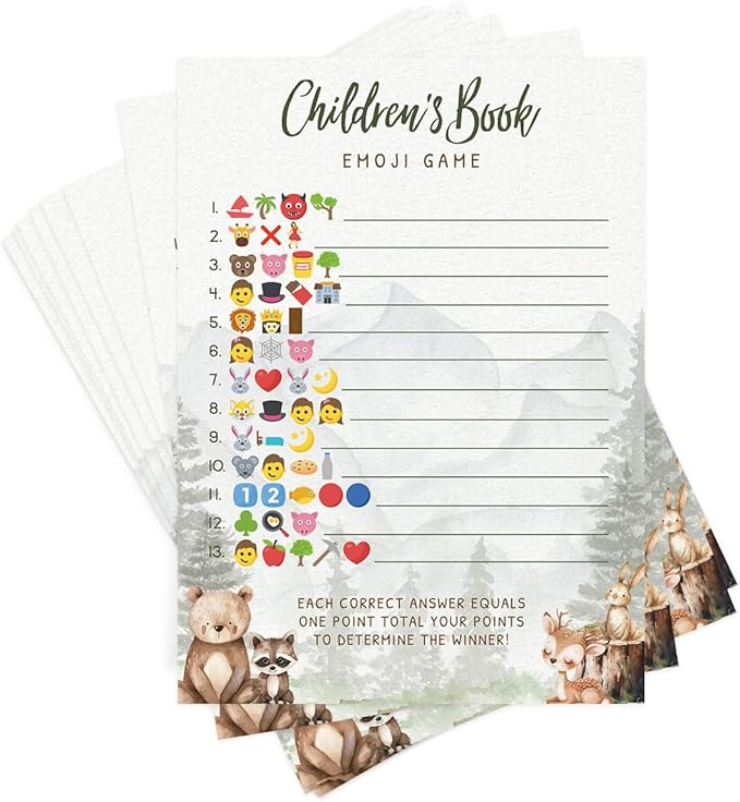 Printed Party Woodland Baby Shower Games for Boy – Set of 4 Games for 30 Guests, Forest Animal Theme, Includes Bingo, Mommy Trivia, Emoji Storybook, and Guess Who