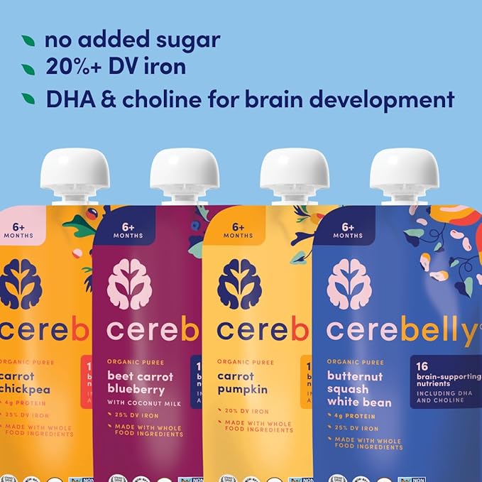 Cerebelly Organic Baby Food Pouches – Organic Hearty Veggie Purees | 16 Nutrients, No Added Sugar, Non-GMO | Blended Toddler Food | 4oz BPA-Free | 4 Flavors | 8 Pack