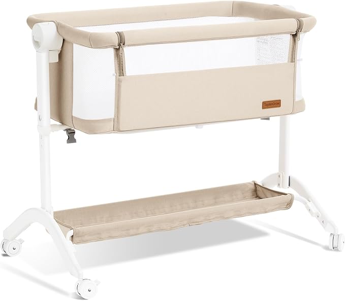 Bassinet Bedside Sleeper - All-Mesh Design, Portable Bedside Bassinet for Baby with Washable Mattress, 5 Adjustable Heights(Beige)