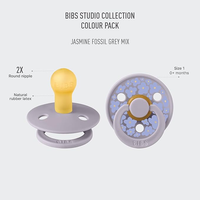 BIBS Pacifiers - Colour Studio 2 Pack | Round Nipple Baby Pacifier | BPA Free Natural Rubber Latex Soother | Made in Denmark | Size 0+ Months | Jasmine Blush