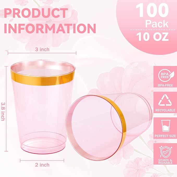 supernal 100 Pcs Pink Plastic Cups,10 Oz Clear Pink Disposable Cups with Gold Trim,Plastic Cocktail/Drink/Bridal Shower/Baby Shower Cups for Party,Wedding and Birthday,Cute Disposable Cup