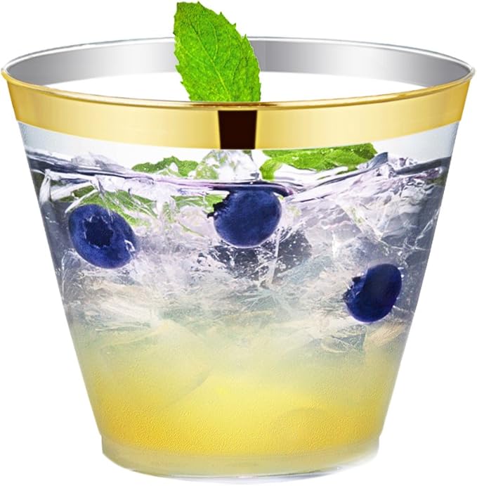 WDF 200 Pack Gold Plastic Cups - 9 Oz Elegant Clear Plastic Cups Gold Rimmed - Fancy Disposable Party Cup Wedding Cup Drinking Tumblers Cocktail Glasses