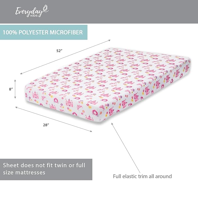Everyday Kids 2 Pack Fitted Girls Crib Sheet, 100% Soft Breathable Polyester Baby Sheet, Fits Standard Size Crib Mattress 28in x 52in, Nursery Sheet - Princess/Lavender