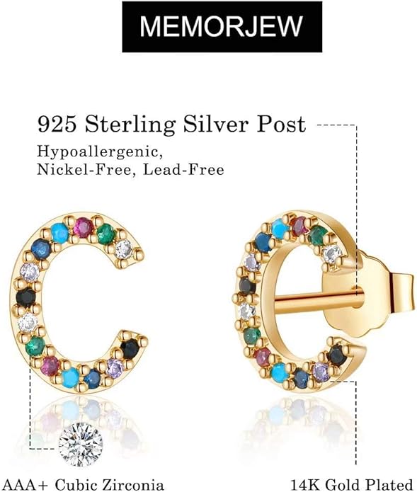 Memorjew Initial Stud Earrings for Women, Hypoallergenic 925 Sterling Silver Post Rainbow Cubic Zirconia Gold Plated 26 Initial Earrings for Women Jewelry Gifts