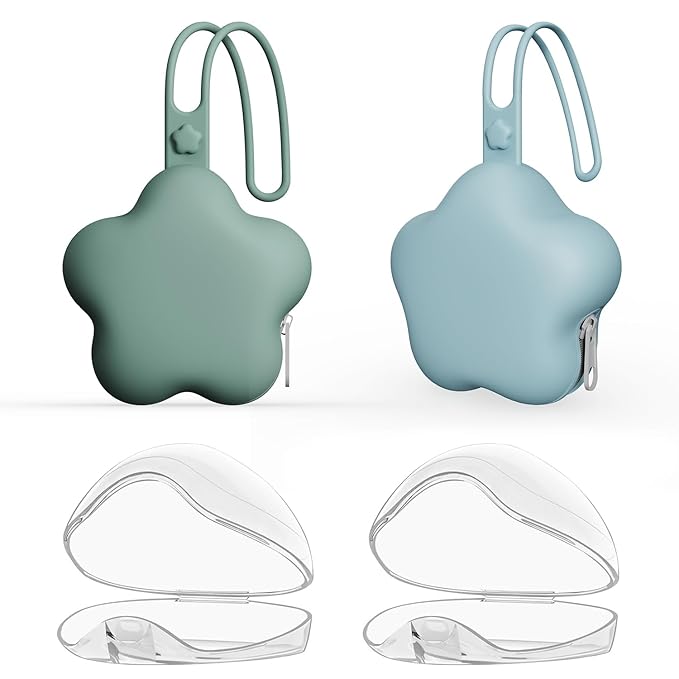 4 Pack Pacifier Holder Case,2pcs Silicone Portable Pacifier Pouch and 2pcs Transparent Nipple Holder Case Container, On-The-GO Pacifier Storage Container Box,BPA Free, Easy to Clean(Green+Blue)