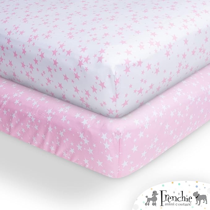 Fitted Crib Sheets 100% Woven Cotton Fits Toddler Mattress, Pink Stars, 28 x 52inx8in, 2-Pack