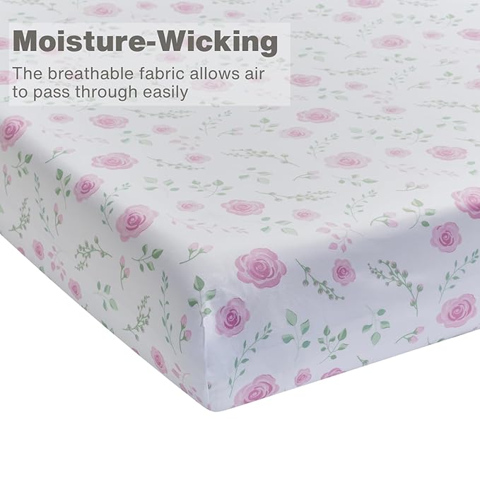 EVERYDAY KIDS 2 Pack Fitted Girls Crib Sheet, 100% Soft Breathable Microfiber Baby Sheet, Fits Standard Size Crib Mattress 28in x 52in, White and Pink Nursery Sheets with Flowers, Roses and Rosebuds