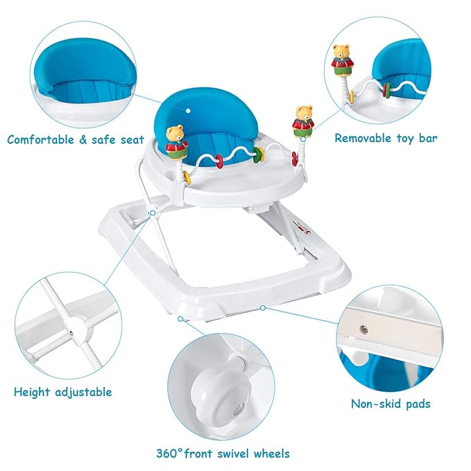 HONEY JOY Baby Walker, Foldable Push Walker Toy-Seated & Walk-Behind with Wheels, Interactive Piano & Pedants, Adjustable Height & Speed, Padded Seat, Baby Walkers for Boys Girls(Blue)