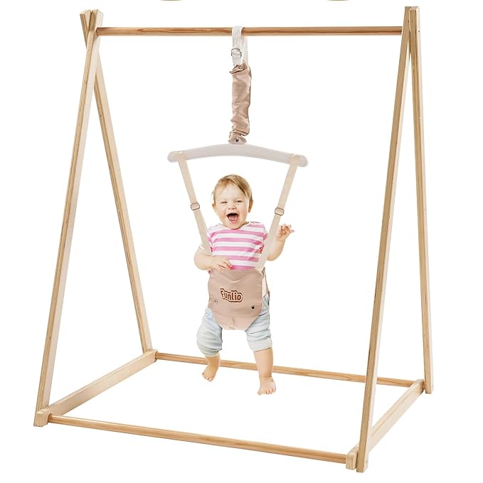 FUNLIO Montessori Wooden Baby Jumper with Stand for 6-36 Months, Adjustable Baby Bouncer for Indoor/Outdoor Play, Foldable Toddler Jumper for Baby Girl/Boy, Easy to Assemble & Store