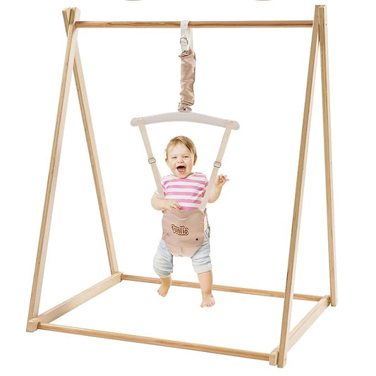 FUNLIO Montessori Wooden Baby Jumper with Stand for 6-36 Months, Adjustable Baby Bouncer for Indoor/Outdoor Play, Foldable Toddler Jumper for Baby Girl/Boy, Easy to Assemble & Store