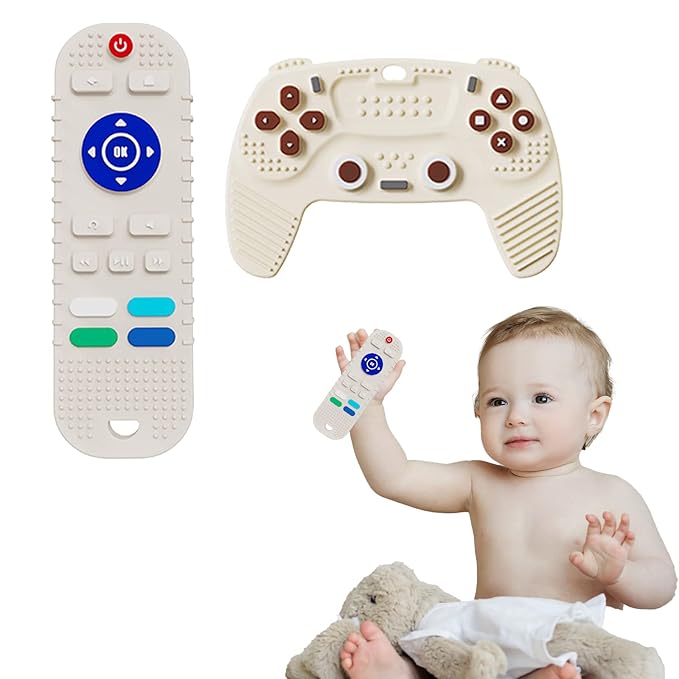 S-SNAIL-OO 2-Pack Baby Teether Toys Silicone Toddler, Sensory Toy Chew Toys Educational, TV Remote Control Shape Teething Toys for Babies 6-18 Months (Beige), 20.0 Count
