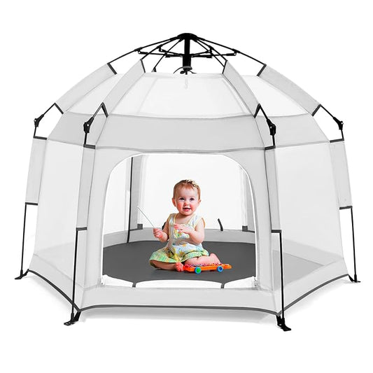 Baby Playpen with Canopy, Portable Baby Beach Tent, Toddler Play Yard Indoor and Outdoor, Foldable Mosquito Net for Infant - Light Grey