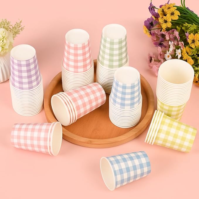 100pcs 9 oz gingham party Paper cups, Pink Disposable Plaid Paper Checkered Cups for Wedding Birthday Party, Travel, Baby Shower Picnic