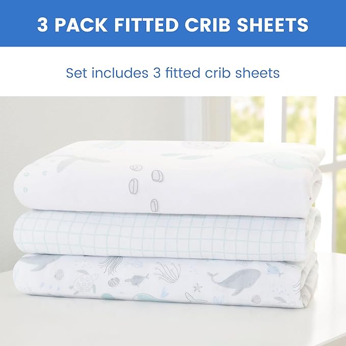 Delta Children Fitted Crib Sheets for Girls and Boys - 100% Organic Cotton Crib Sheet for Standard Crib and Toddler Mattresses - 28x52 Inch - GOTS Certified (Pack of 3), Sea Life