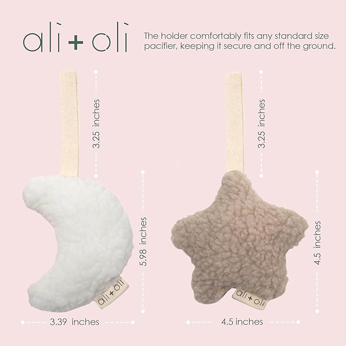 Ali+Oli Plush Pacifier Holder (Moon-White) Soft Binky Holder for Babies, Plush Holder for Pacifiers, Cute Baby Binkies Plush Holder, Pacifier Holder for Baby Boys & Girls, Baby Toy with Cute Decor