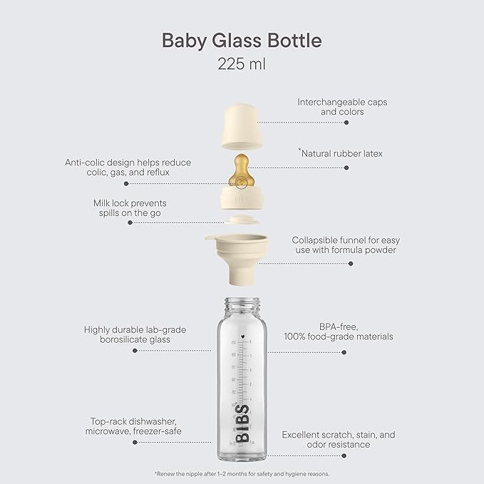 BIBS Baby Glass Bottle. Anti-Colic. Round Natural Rubber Latex Nipple. Supports Natural Breastfeeding, Complete Set - 225 ml, Baby Blue