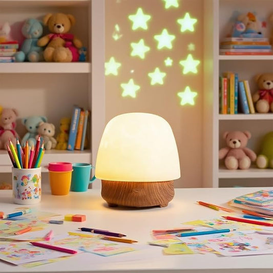 Lunie Light - Night Light & Bluetooth Noise Machine with Ocean Wave Projector, Speaker, Lampshade & Remote - 4 White Noise, 16-Color Touch Dimming for Sleep & Relaxation (Walnut)