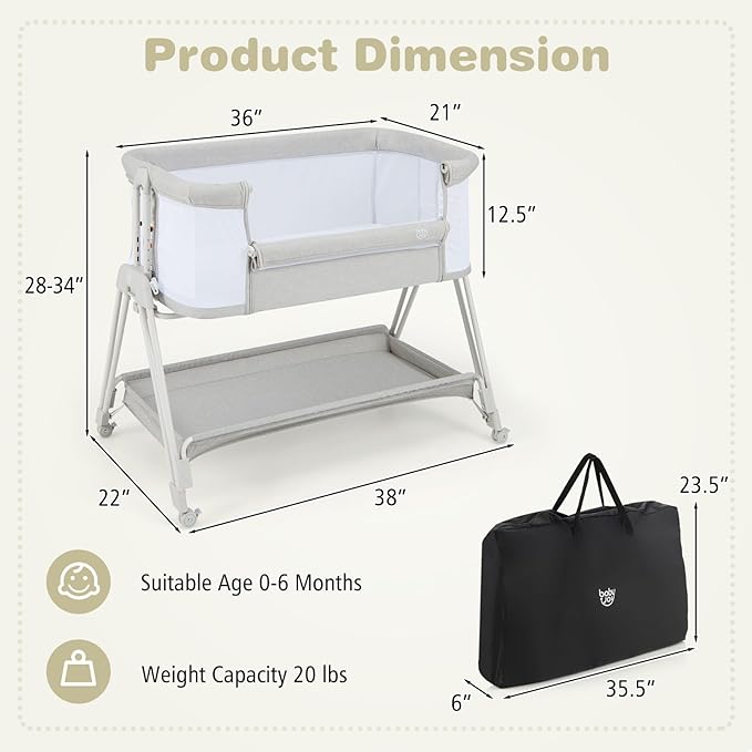 BABY JOY Bassinet Bedside Sleeper, Easy Folding Baby Crib w/All-Side Mesh, Storage Shelf, 7 Adjustable Heights, Mattress & Travel Bag for Safe Co-Sleeping, Portable Baby Bed for Newborn Infant -Gray