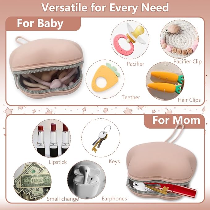 4 Pack Pacifier Holder Case,2pcs Silicone Portable Pacifier Pouch and 2pcs Transparent Nipple Holder Case Container, On-the-GO Pacifier Storage Container Box,BPA Free, Easy to Clean(Pink+Khaki)