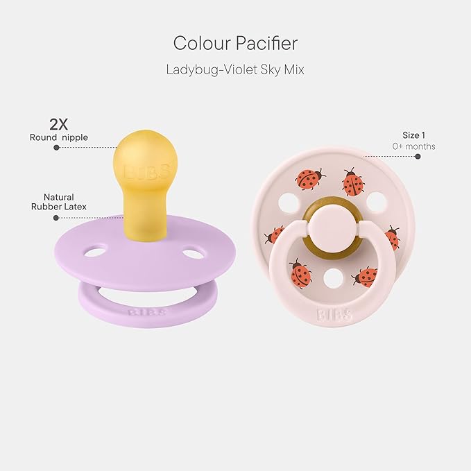 BIBS Colour Studio Soother 2-Pack, BPA Free Dummy Pacifier, Round Nipple. Natural Rubber Latex, Made in Denmark, Size 1 (0-6 Months), Violet Sky/Petal
