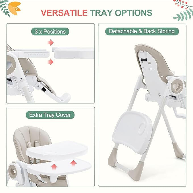 Baby High Chair for Toddlers 1-3 Years Old, Foldable Baby High Chair with Removable Tray, Lightweight Folding Chair with 5-Point Safety Harness, Multiple Recline Positions & Compact Design