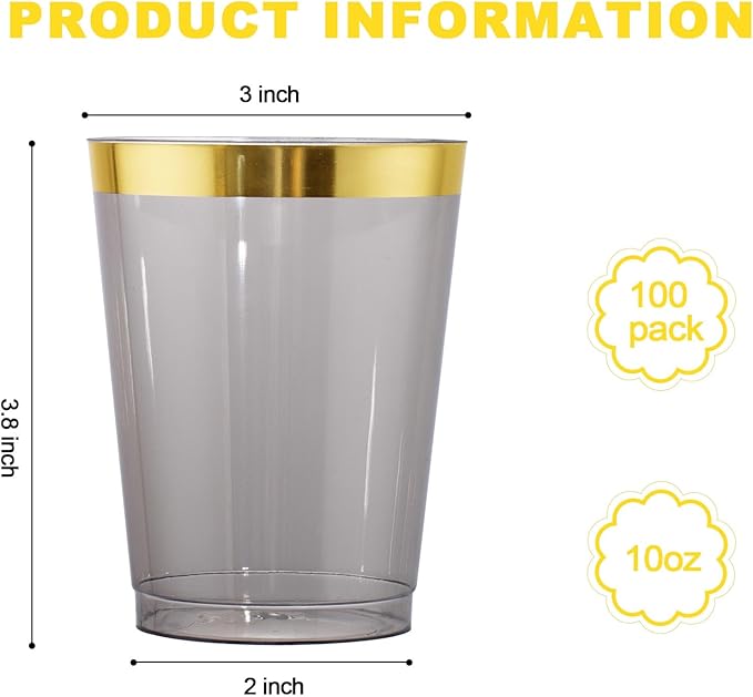 supernal 100pcs Gold and Black Plastic Cups 10oz Gold Rimmed Elegant Black Party Cups Heavy Duty Fancy Wedding Drinking Tumblers Plastic Cup for Party and Birthday