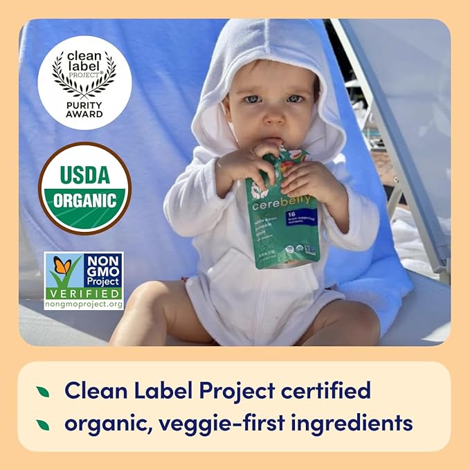 Cerebelly Organic Baby Food Pouches – Organic Veggie and Bone Broth Baby Food | 16 Nutrients, No Added Sugar, Non-GMO | Blended Toddler Food | 4 Ounce BPA-Free Baby Foodes | 6 Flavors | 8 Pack