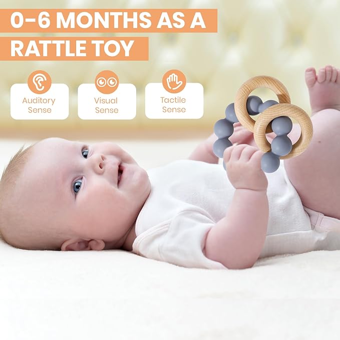 Socub Baby Teething Toys for 0-6 6-12 Months | BPA-Free Food-Grade Silicone & Natural Beech Wood Teether Ring for Newborn Infants Teething Relief | Easy-Grip Sensory Rattle Toys(Tradewinds)