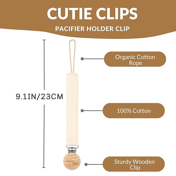 Baby Pacifier Clip, 2 Pack Fabric Pacifier Clips, Super Soft Fabric Strap with Wooden Clip, Pacifier Clips for Baby Girl & Boy (Cream/Sage)