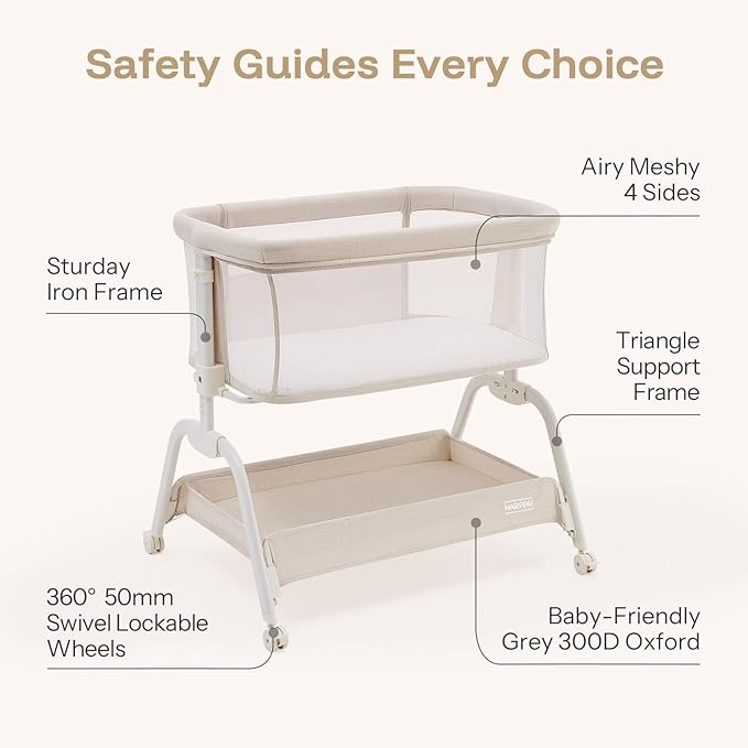 HARPPA Cuddly Bassinet, 2 in 1 Baby Bassinet with Breathable Mesh and Mattress, 6 Height Adjustable, Bedside Sleeper with Anchor Strap, Storage Basket and Wheels, Beige