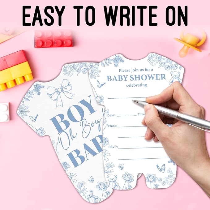 LyoGao Oh Boy Baby Shower Invitations - Dusty Blue Toile Bear Baby Shower Party Fill in Invites Cards With Envelopes (20 Pack)