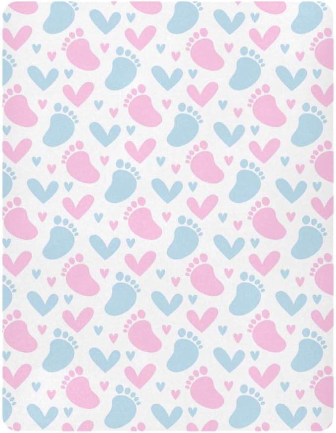 Baby Crib Sheets Pink and Blue Footprint Crib Sheets for Boys Girls,Neutral Bassinet Toddler Bed Play Sheets Breathable Soft and Portable 52 * 28 * 9in