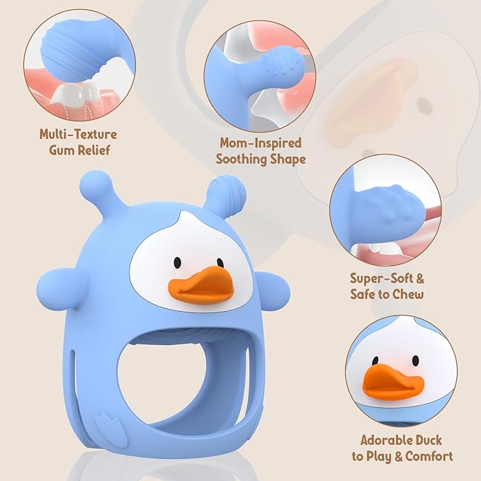 2 Packs Baby Teething Toys 3-6 6-12 Months, Food Grade Silicone Teething Mitten, Anti Dropping Wrist Hand Teethers, Never Drop Baby Chew Toys for Sucking Needs, BPA Free (Blue & Green)