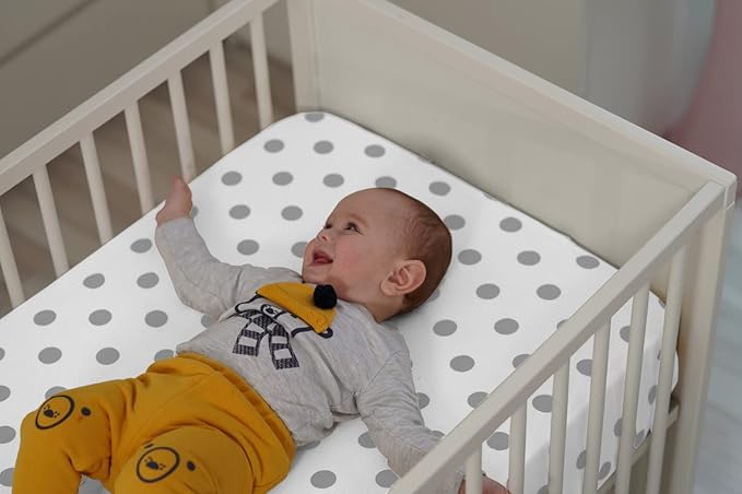 BaeBae Goods Premium Crib Sheets for Baby Boys and Girls, 3 Pack, Soft and Breathable Jersey Cotton Fitted Sheet Set, Grey and White, Cute Gender Neutral Nursery Mattress Bedding, Universal Fit