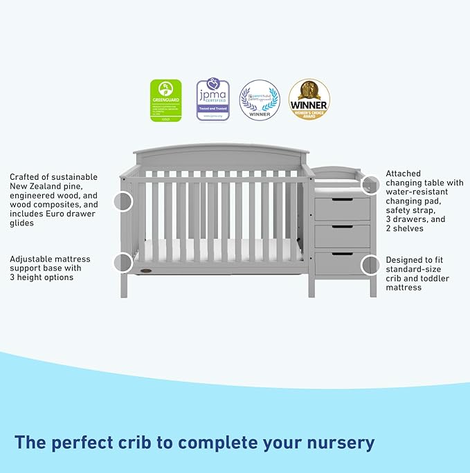 Graco Benton 4-in-1 Convertible Crib and Changer (Pebble Gray) – GREENGUARD Gold Certified, Crib and Changing -Table Combo, Water-Resistant Changing Pad, Converts to Toddler Bed, Daybed