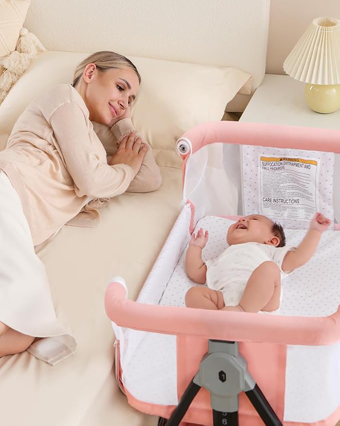 Bedside Bassinet for Baby, 3 in 1 Breathable Mesh Baby Bassinet, 6 Height Adjustable, Easy to Fold, Bassinet Bedside Sleeper with Wheels, Mosquito Net, Storage Basket, Rocking Bassinet for Baby, Pink