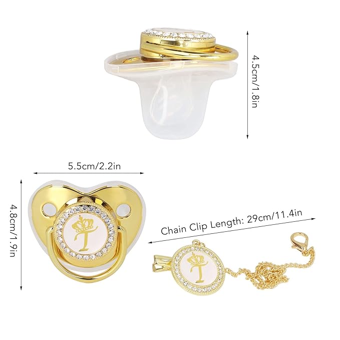 Luxury Golden Letter Baby Pacifier Set with Personalized Bling Design, Clips, Anti-Dust Cover for Newborn Photography, Letter T