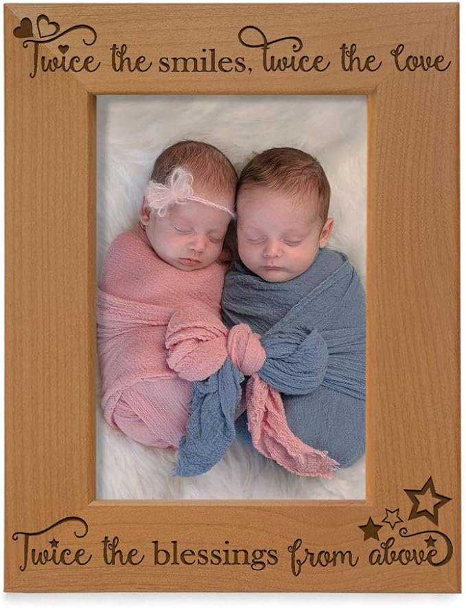KATE POSH - Twice The Smiles, Twice The Love, Twice The Blessings from Above - Engraved Natural Wood Picture Frame - Twins Photo Frame, Twins Gifts for Babies, Twins Gifts for mom (4x6-Vertical)