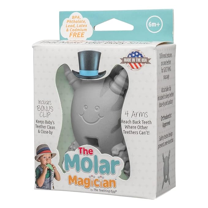 The Official Molar Magician Baby Teether - Freezable Molar Teething Toy for Baby, Infant & Toddler - Made in The USA - Sensory Toy 3-12, up to 18 Months, Gray